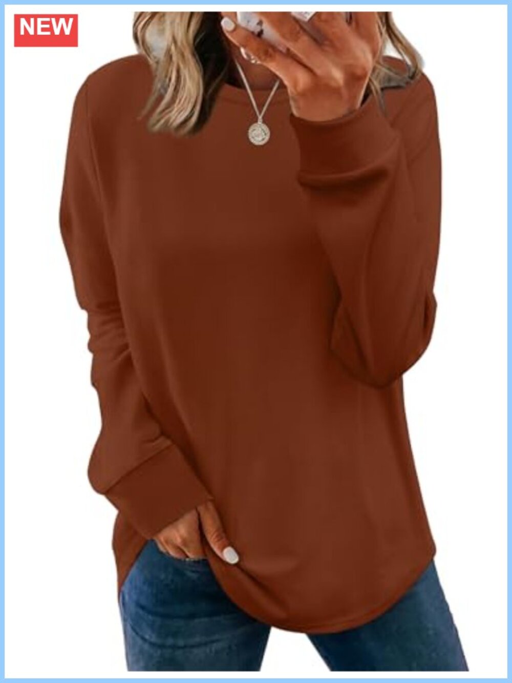 WIHOLL Women's Crewneck Long Sleeve Sweatshirt Curved Hem Tunic Lightweight